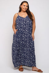 Navy Leaf Print Double V-Neck Plus Maxi Dress