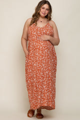 Rust Leaf Print Double V-Neck Maternity Plus Maxi Dress