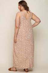 Taupe Leaf Print Double V-Neck Maternity Plus Maxi Dress