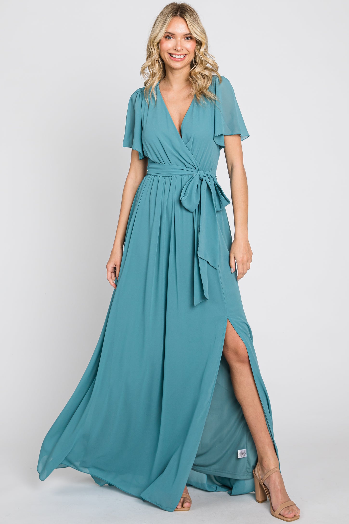 Turquoise Chiffon Short Sleeve Wrap V-Neck Front Slit Maxi Dress