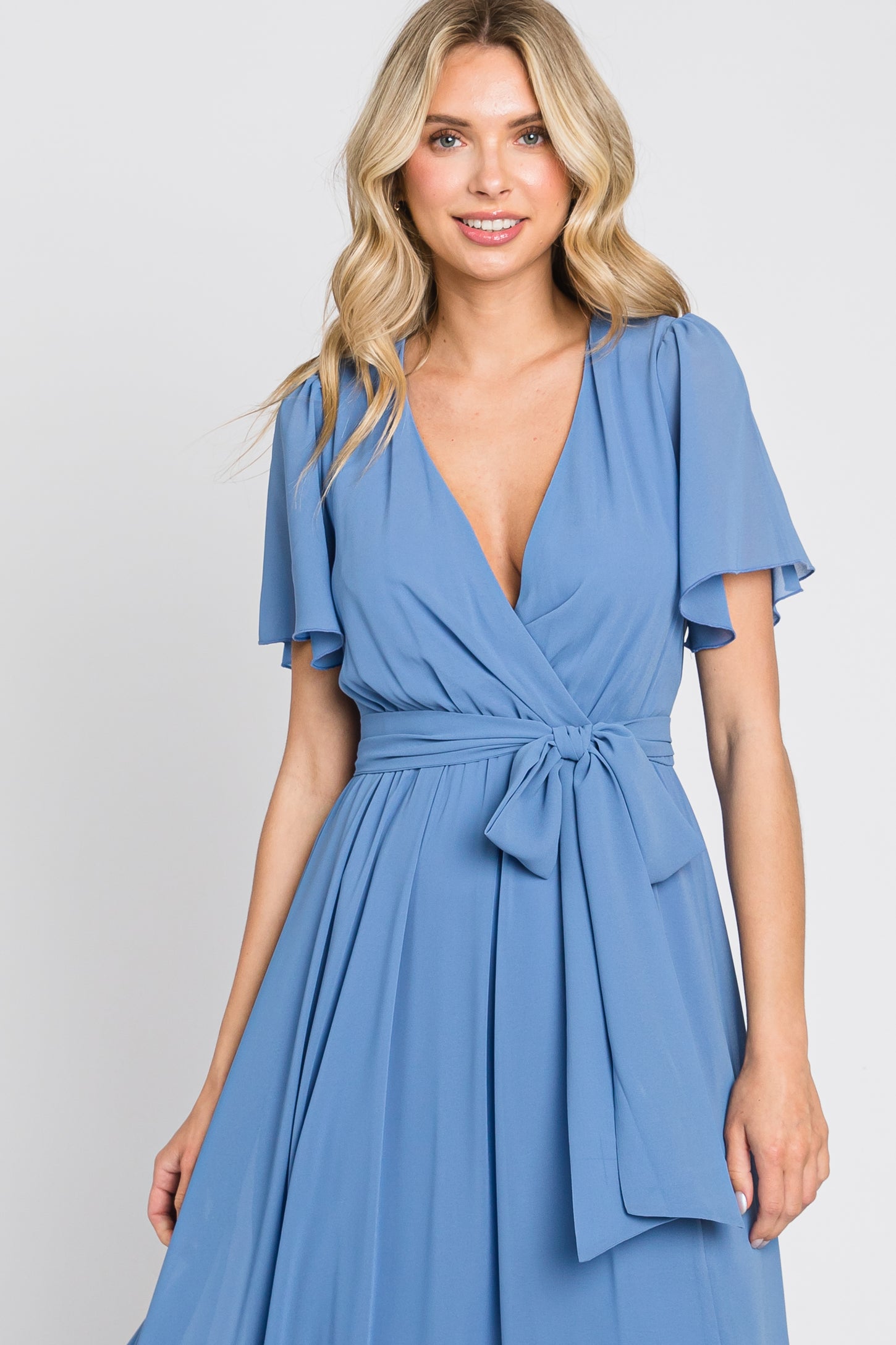Blue Chiffon Short Sleeve Wrap V-Neck Front Slit Maxi Dress