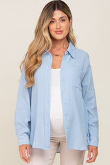 Blue Button Up Collared Maternity Top