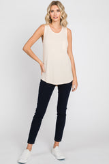 Cream Ribbed Front Pocket Tank