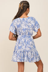 Periwinkle Palm Print Short Sleeve Ruffle Dress