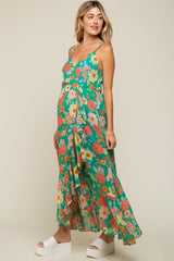 Green Floral Chiffon Ruffle Hi-Low Sleeveless Maternity Midi Dress