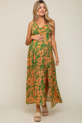 Green Floral Chiffon Pleated V-Neck Sleeveless Maternity Maxi Dress