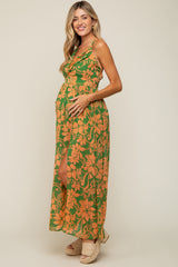 Green Floral Chiffon Pleated V-Neck Sleeveless Maternity Maxi Dress