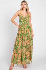 Green Floral Chiffon Pleated V-Neck Sleeveless Maternity Maxi Dress