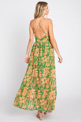 Green Floral Chiffon Pleated V-Neck Sleeveless Maxi Dress