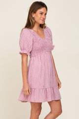 Mauve Plaid Smocked Puff Short Sleeve Dress