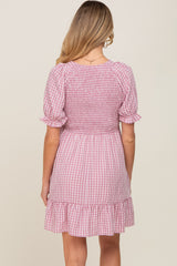 Mauve Plaid Smocked Puff Short Sleeve Maternity Dress