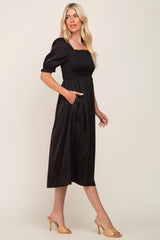 Black Satin Puff Sleeve Midi Dress