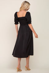 Black Satin Puff Sleeve Midi Dress