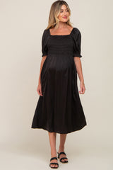 Black Satin Puff Sleeve Maternity Midi Dress