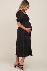 Black Satin Puff Sleeve Maternity Midi Dress