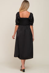 Black Satin Puff Sleeve Maternity Midi Dress