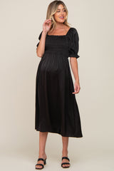 Black Satin Puff Sleeve Maternity Midi Dress