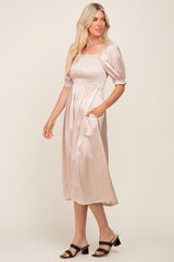 Cream Satin Puff Sleeve Midi Dress