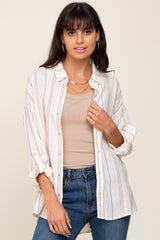 Ivory Mocha Striped Maternity Linen Button Down Shirt