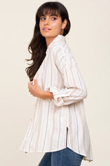 Ivory Mocha Striped Linen Button Down Shirt