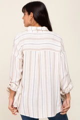 Ivory Mocha Striped Linen Button Down Shirt