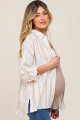 Ivory Mocha Striped Maternity Linen Button Down Shirt