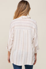 Ivory Mocha Striped Maternity Linen Button Down Shirt