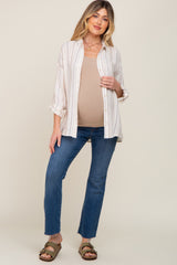 Ivory Mocha Striped Maternity Linen Button Down Shirt