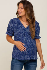 Navy Dot Print Puff Sleeve Maternity Blouse