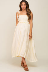 Cream Shirred Shoulder Tie Maternity Midi Dress