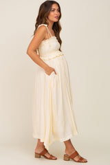 Cream Shirred Shoulder Tie Maternity Midi Dress