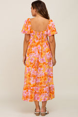 Orange Floral Square Neck Short Puff Sleeve Maternity Midi Dress