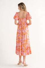 Orange Floral Square Neck Short Puff Sleeve Midi Dress