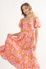 Orange Floral Square Neck Short Puff Sleeve Midi Dress