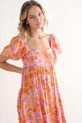 Orange Floral Square Neck Short Puff Sleeve Midi Dress