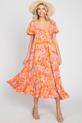 Orange Floral Square Neck Short Puff Sleeve Midi Dress