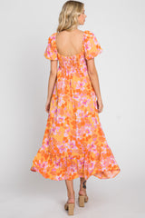 Orange Floral Square Neck Short Puff Sleeve Midi Dress