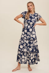 Navy Floral Tiered Ruffle Accent Maxi Dress