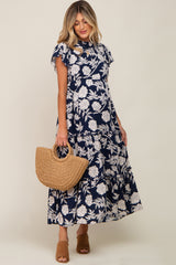 Navy Floral Tiered Ruffle Accent Maternity Maxi Dress