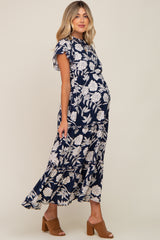 Navy Floral Tiered Ruffle Accent Maternity Maxi Dress