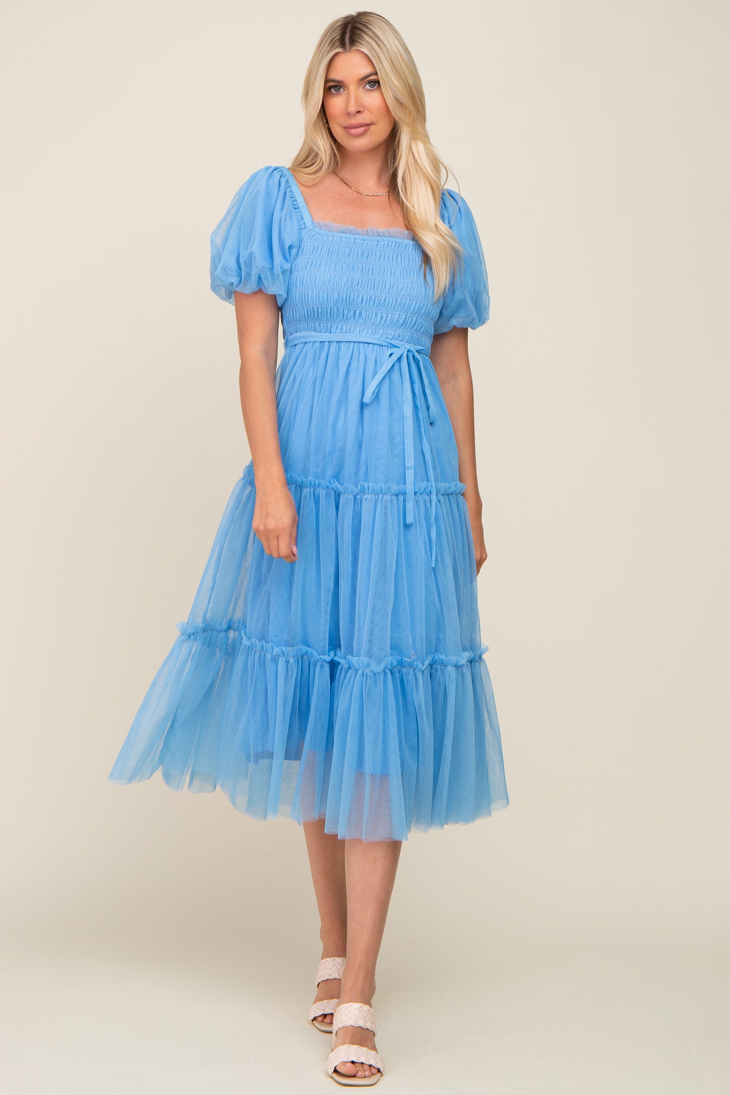 Light Blue Tulle Smocked Tiered Maternity Midi Dress