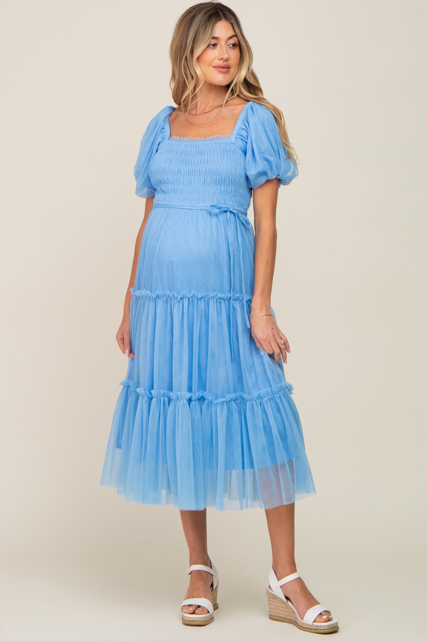 Light Blue Tulle Smocked Tiered Maternity Midi Dress
