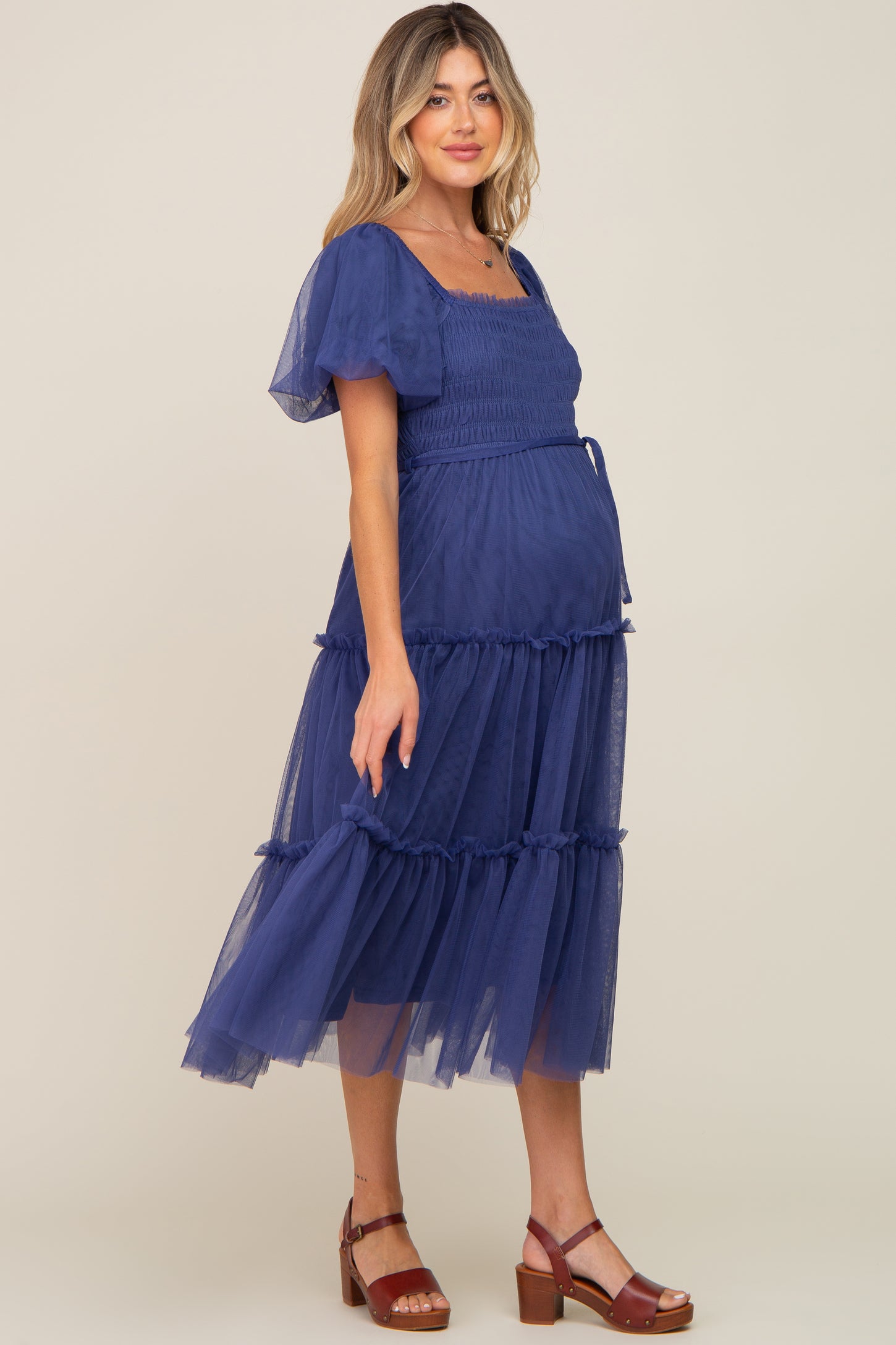 Navy Tulle Smocked Tiered Maternity Midi Dress