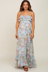 Blue Floral Ruffle Top Back Cutout Maternity Maxi Dress