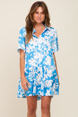 Blue Floral Collared Tiered Dress