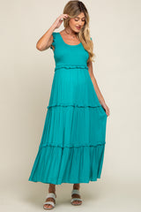 Turquoise Smocked Ruffle Tier Maternity Maxi Dress