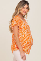 Orange Floral Ribbed Ruffle Short Sleeve Maternity Top