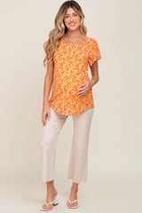 Orange Floral Ribbed Ruffle Short Sleeve Maternity Top