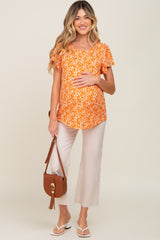 Orange Floral Ribbed Ruffle Short Sleeve Maternity Top