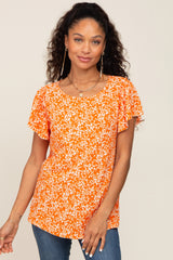 Orange Floral Ribbed Ruffle Short Sleeve Maternity Top